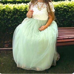 Lace/Tulle Flower Girl Dress, S/S wedding Lace top w/ Sage green tulle skirt